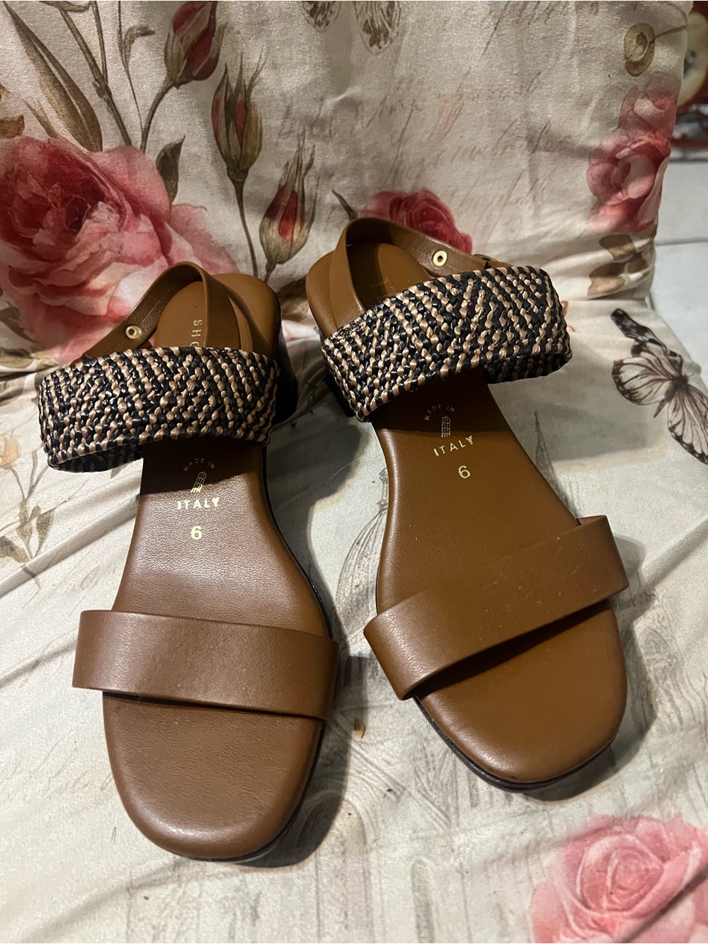 Italian Shoemakers Brown Leather & Woven Strap Sandals - excellent condition